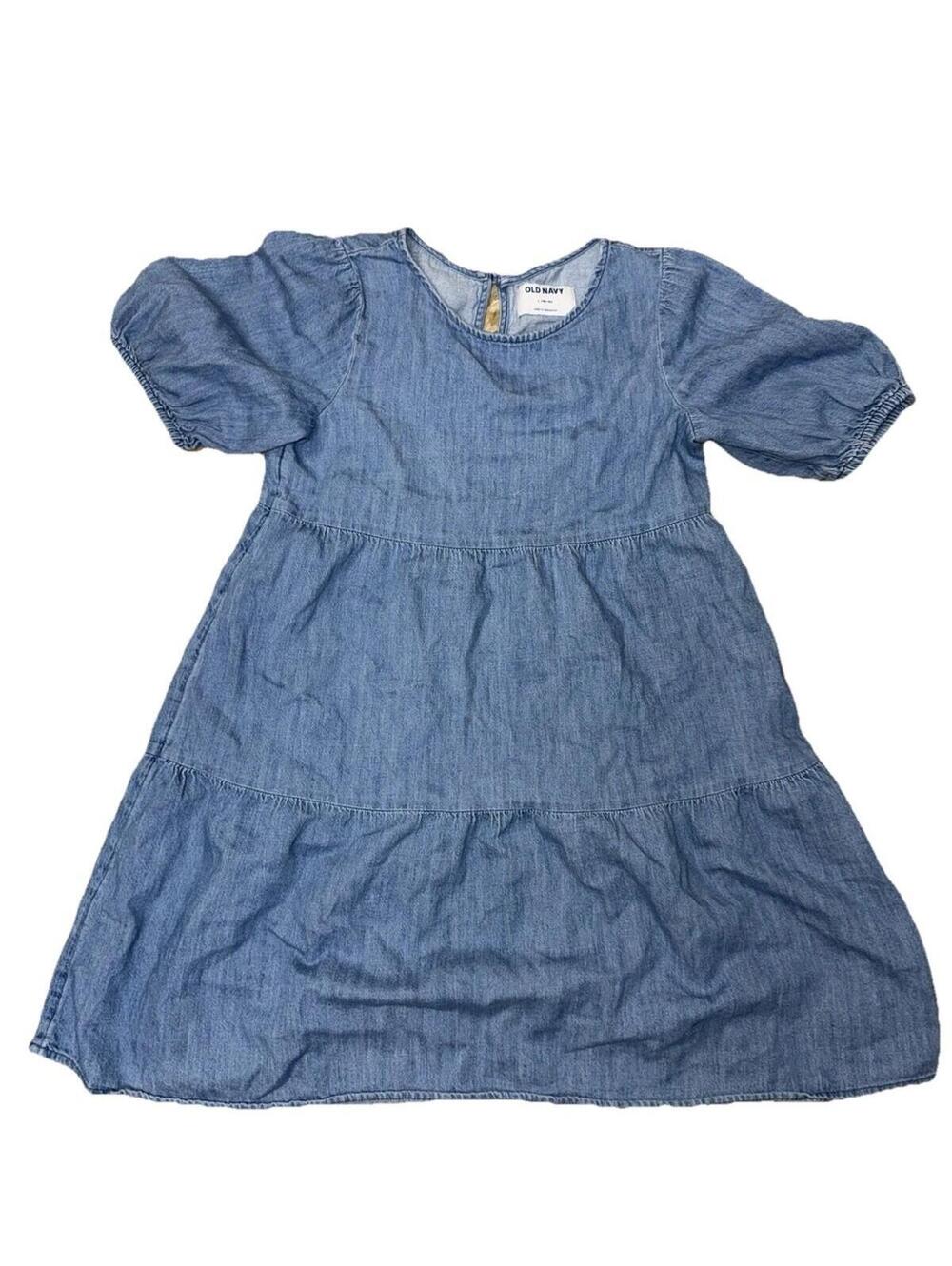 Old Navy Girls Tiered blue Denim Dress Sz Lg  Puff Sleeve Casual Crew Neck Frock